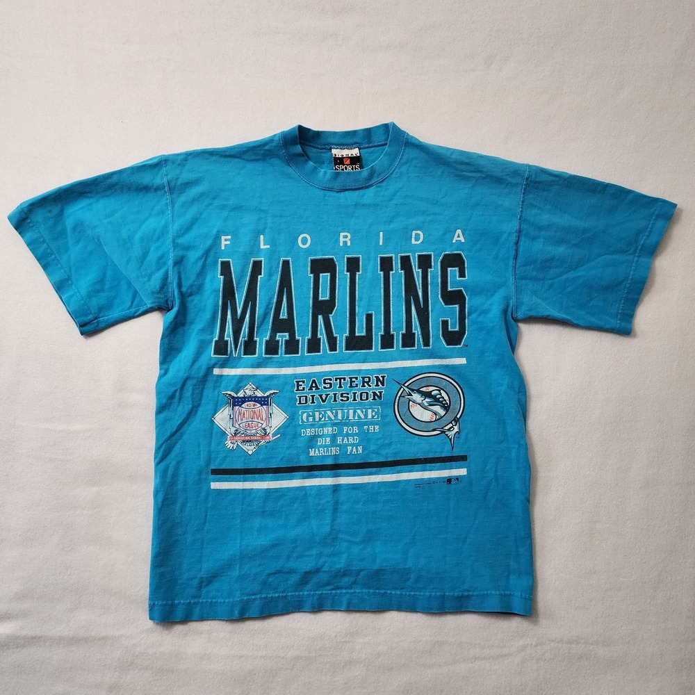 Vintage Florida Marlins T Shirt Mens Large Blue Baseball Signal Sports MLB Boxy